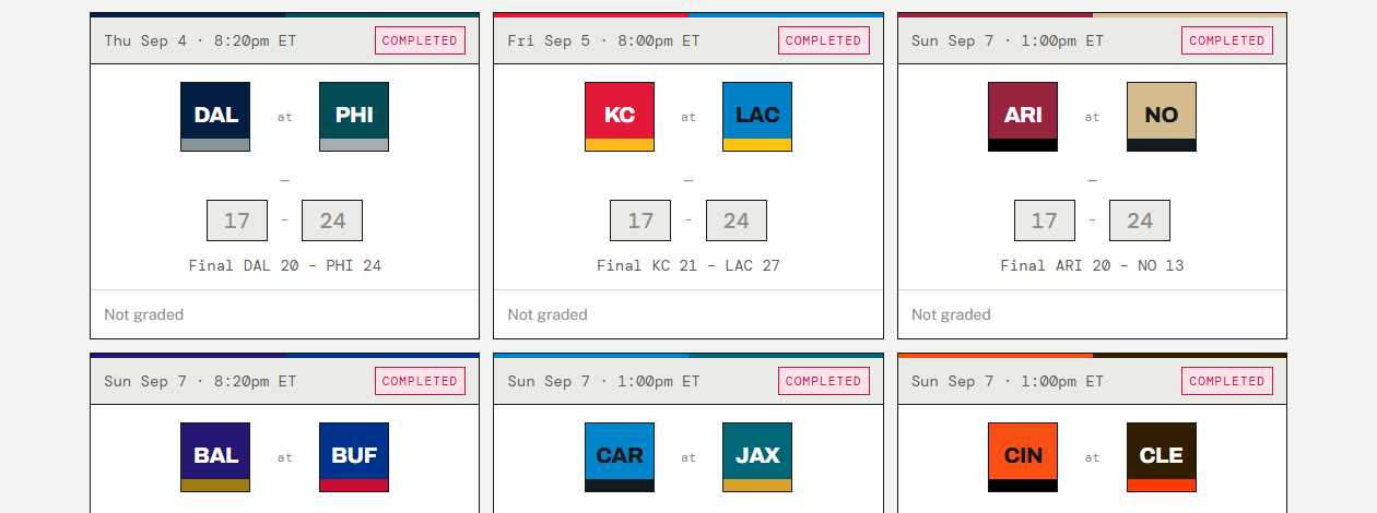 A week of NFL matchups, each card striped with both teams' colours and a box for your predicted score.