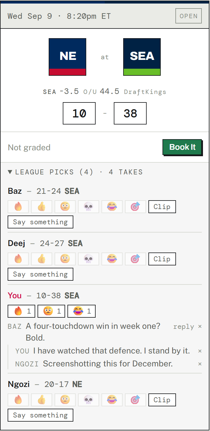 A matchup card showing four players' predicted scores, emoji reactions on one of them, and a reply thread underneath.